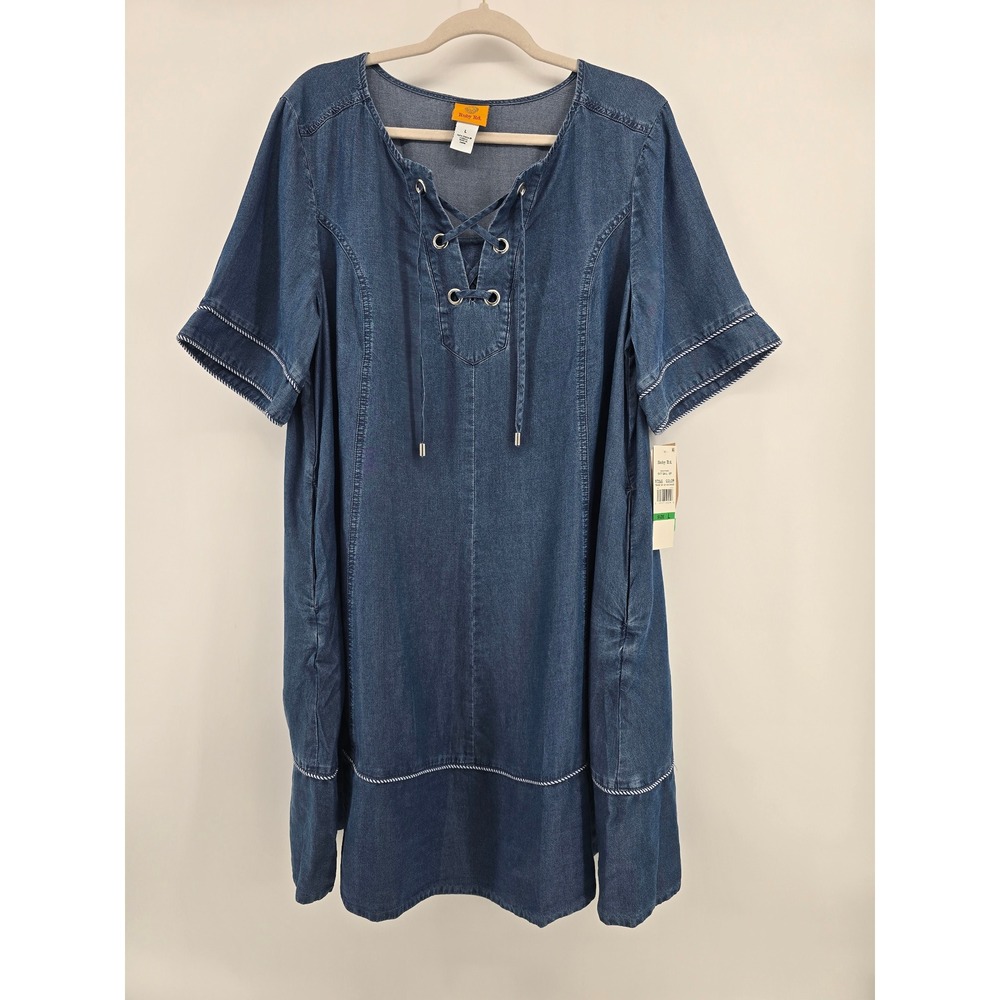 Ruby Rd. Womens Blue Tencel Lyocell Short Sleeve Tie Neck Top Large NWT